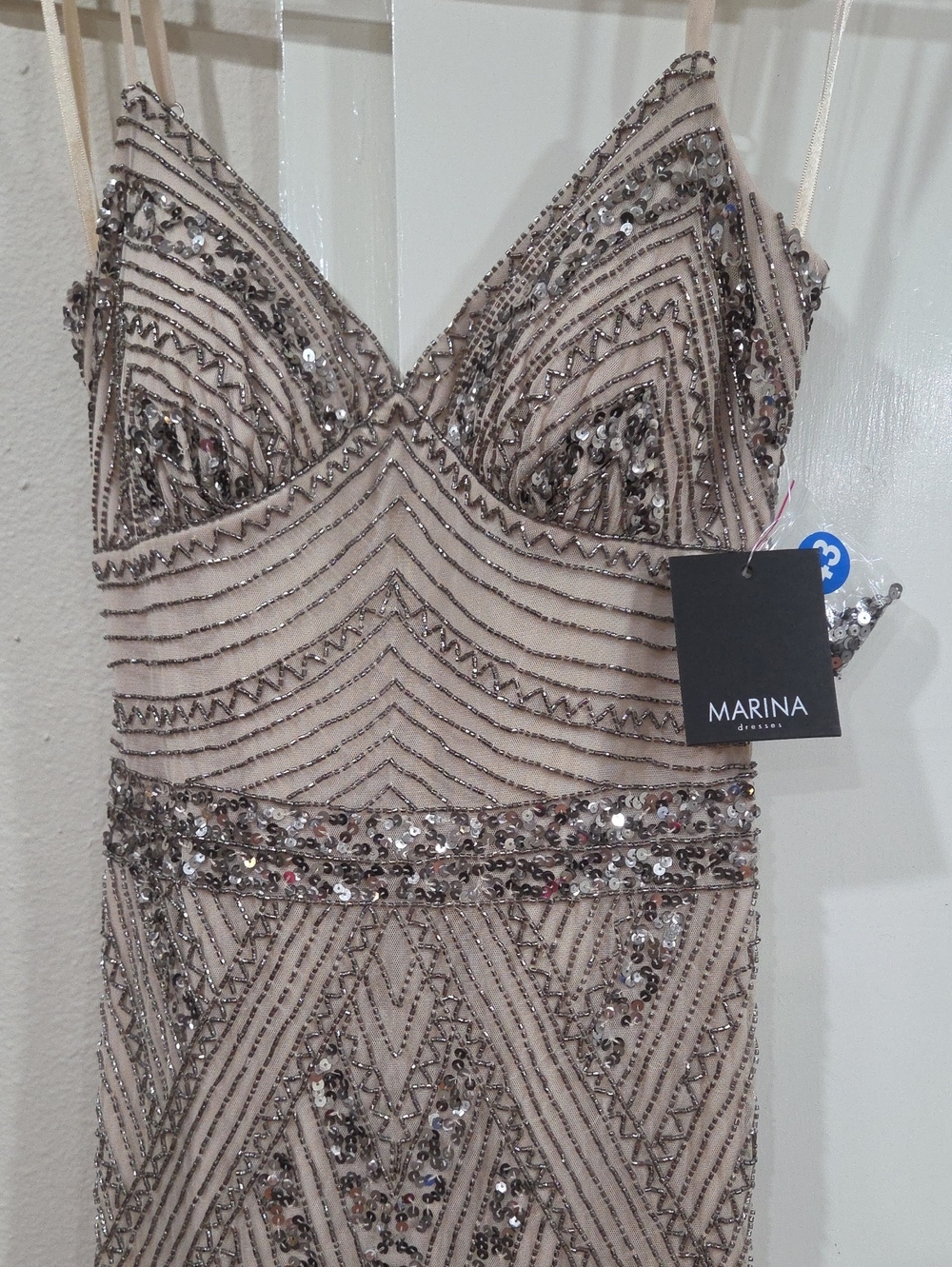 MARINA Blush-Beige Strapless Beaded Evening Dress